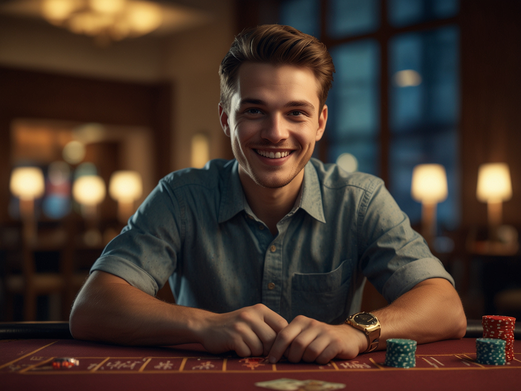 Promotional banner with happy player holding phone and casino chips